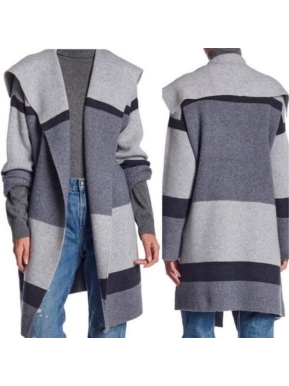 VINCE Colorblock Stripe Cashmere Wool Blend Open Front Coat Cardigan Sz Small